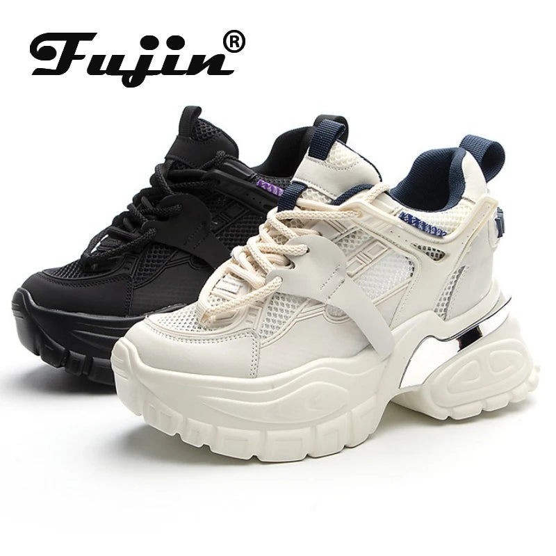 Fujin 10cm Air Mesh Microfiber Leather Summer Platform Wedge Women Casual Shoes Autumn Lady Fashion Shoes Chunky Sneakers Skate