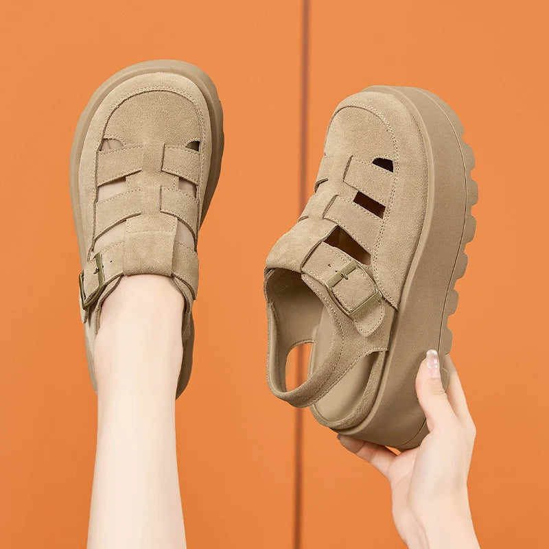 AUTUSPIN 7cm Women Wedges High Heels Fashion Thick Platform Woman Sandals Suede Leather Ladie Summer Shoes Beach Chunky Slippers