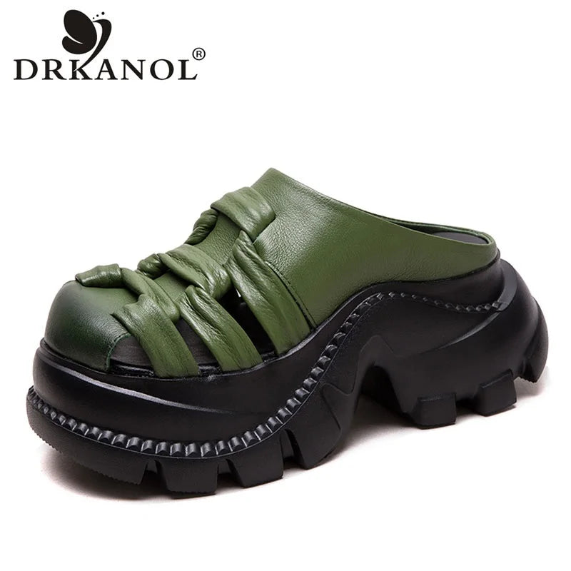 DRKANOL Women Slippers Summer 7cm Height Increasing Wedges Platform Slippers Woven Genuine Cow Leather Outside Casual Slides