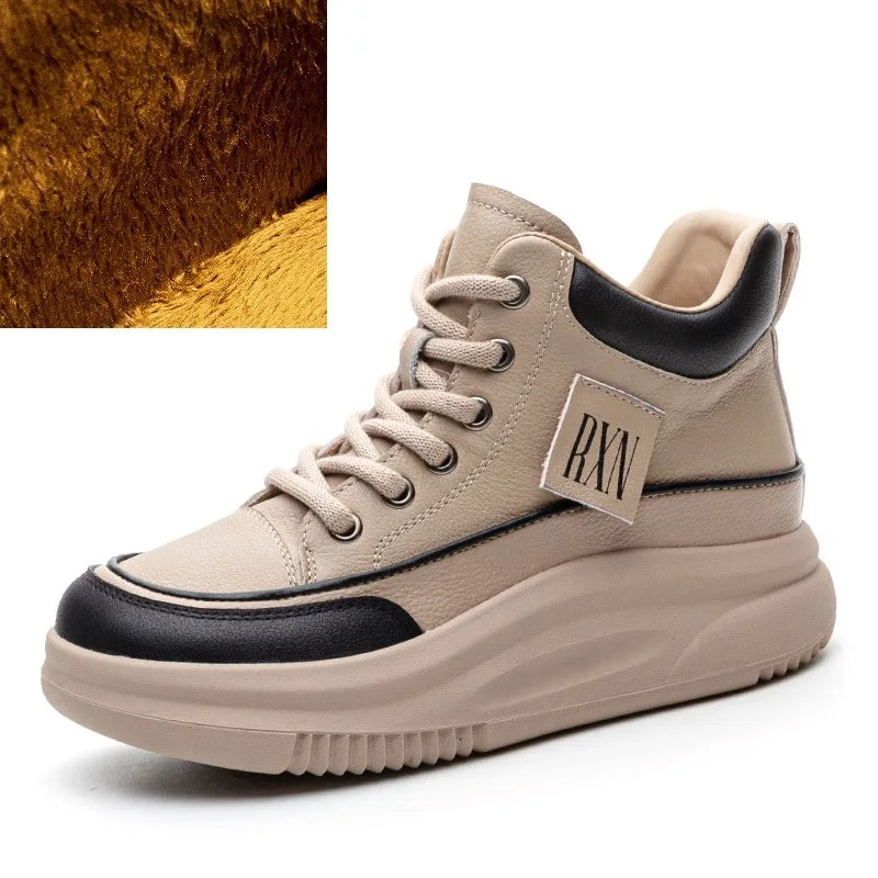 DRKANOL 2025 Women Chunky Platform Ankle Boots Mixed Colors Genuine Cow Leather Lace-Up Thick Soled Wedges Heel Cotton Boots