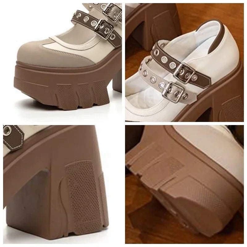 Fujin 11cm Synthetic Patent Genuine Leather Chunky Heels Pumps Summer Ankle Boots Mary Jane Chunky Heels Buckle Platform Shoes