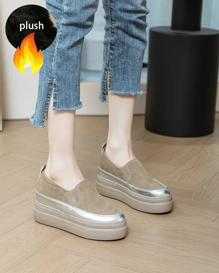 Fujin 8cm Genuine Leather Synthetic Cow Suede Platform Wedge Casual Summer Chunky Sneaker Pumps Comfy High Brand Autumn Shoes