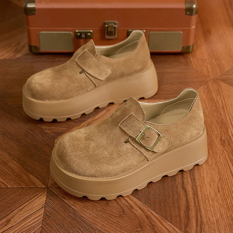 AUTUSPIN Women's Loafers Classic Soft Leather Platform Wedges Shoes 2025 Spring Autumn Buckle Round Toe Female Footwear Woman