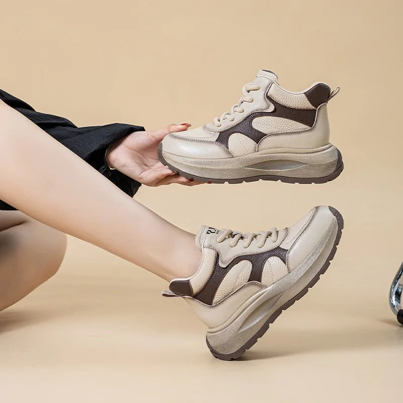 DRKANOL Women Thick Sole Platform Casual Sneakers Mixed Colors High Top Genuine Leather Wedges Heel Shoes Ladies Ankle Boots