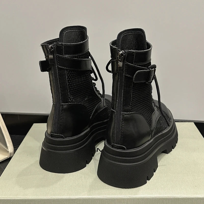 AUTUSPIN 35-40 Women Summer Mesh Ankle Boots Genuine Leather Flats Platform Ladies Short Booties Streetlish Woman Comfy Shoes