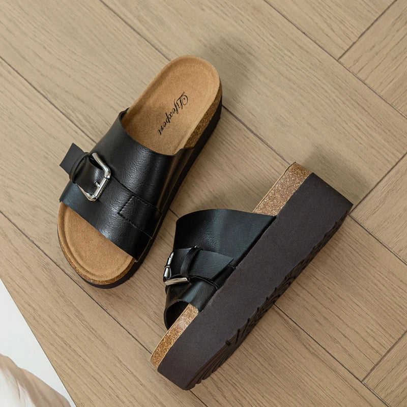 AUTUSPIN 7cm High Heels Women Fashion Slippers Summer Outdoor Casual Flats Soft Leather Platform Sandals Shoes Woman Size 33-39