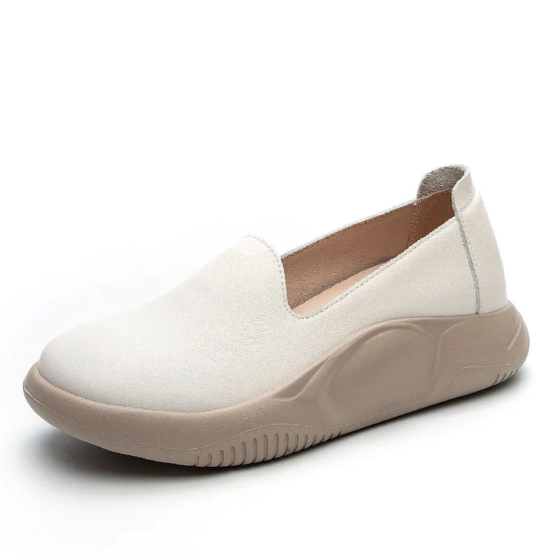DRKANOL Women Slip On Loafers Solid Color Genuine Leather Shallow Flat Platform Shoes Spring Summer Lightweight Single Shoes