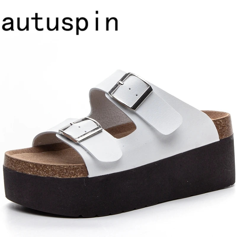 AUTUSPIN 7cm Women High Heeled Slippers Summer Beach Casual Shoes Ladies Ins Fashion Soft Leather Buckle Sandals Shoes Woman