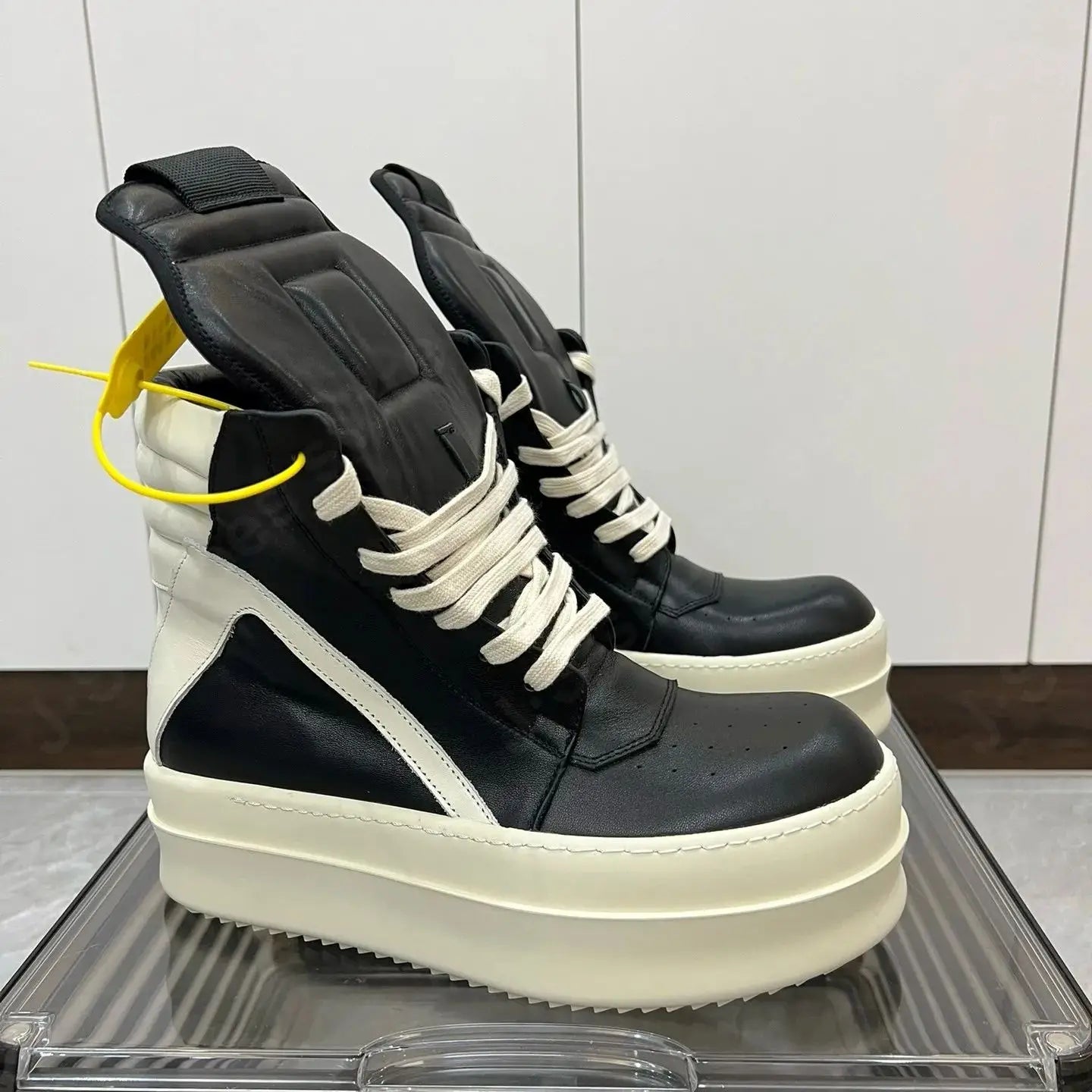 R-o Luxury Designer Men Shoe Women Sneaker Ankle Boot High Top Casual Shoes Black Leather Zipper 6cm Thick Sole Sneakers Boots