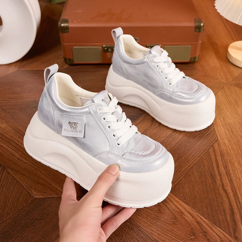 AUTUSPIN 7cm Retro Skateboarding Shoes Women Summer New Arrival Synthetic Leather Sports Sneakers Leisure Platform Walking Shoes