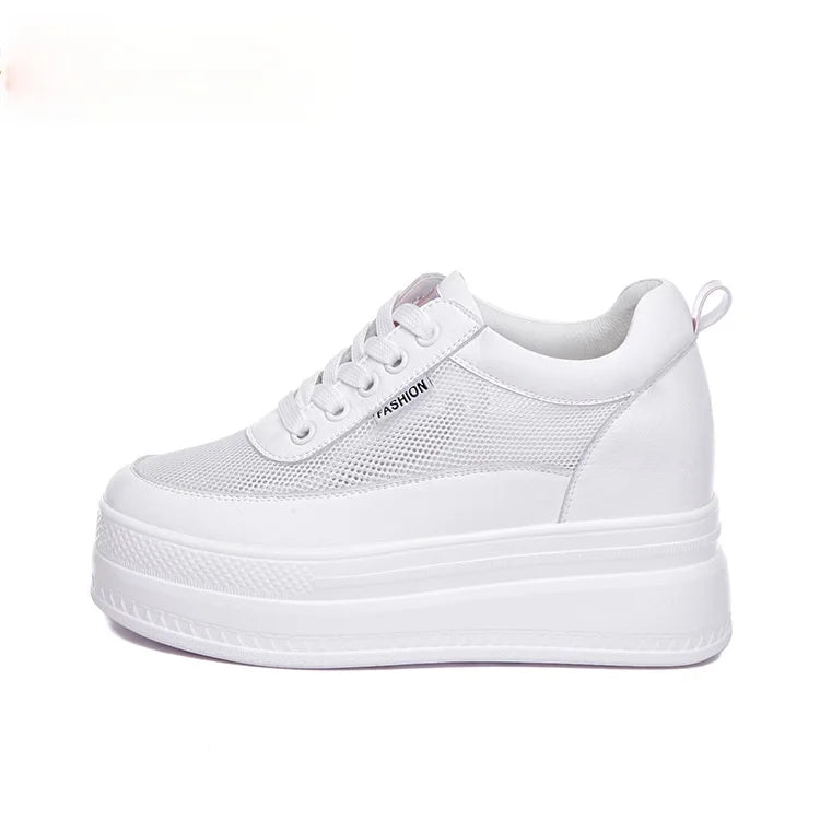 fujin 9cm platform heel wedge shoes sneakers pumps white platform air mesh hollow pumps shoes women  zapatos de mujer