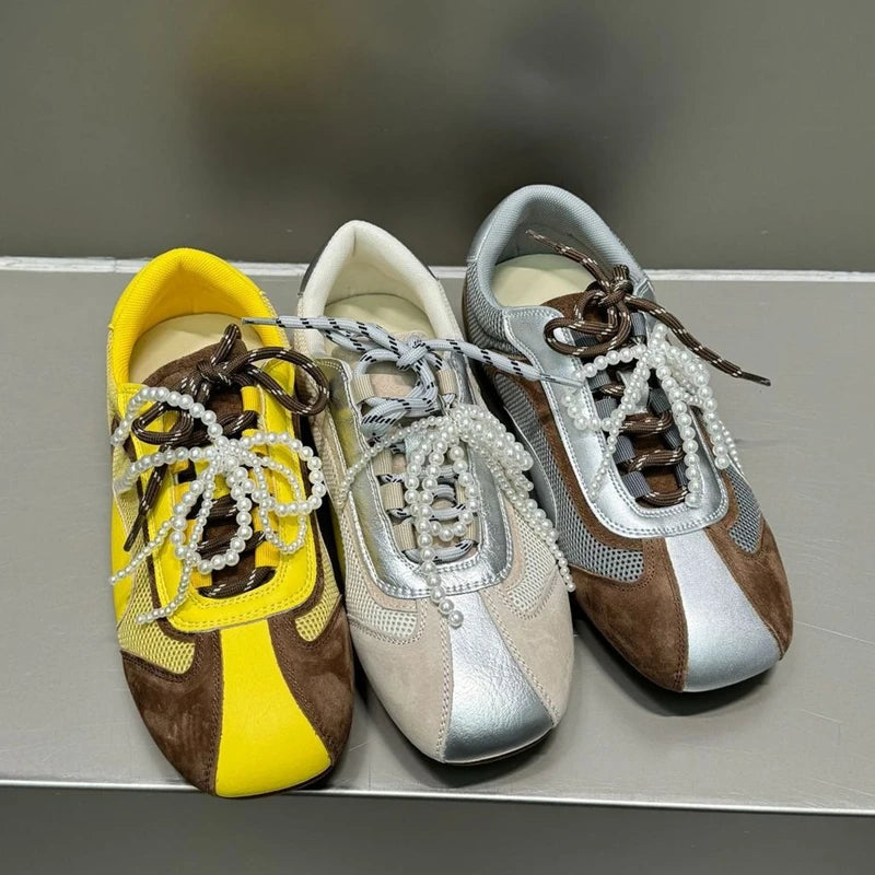 AUTUSPIN Women Mixed Colors Flat Sneakers Outdoor Fashion Retro Suede Leather INS Sneaker Ladies Splicing Mesh Training Shoes