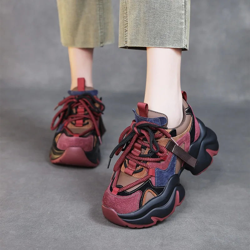 DRKANOL 2025 Women Mixed Colors Cow Suede Shoes Handmade Retro Lace-Up Round Toe Platform Thick Sole Height Increasing Dad Shoes