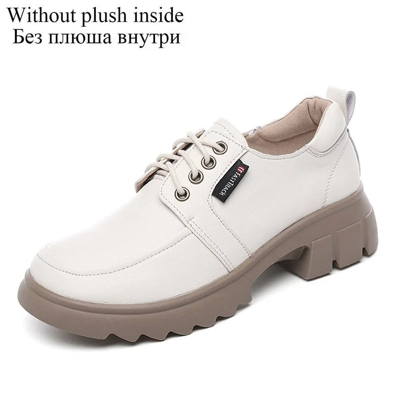 DRKANOL Fashion Women Shoes Lace-Up Round Toe Med Thick Heel Casual Shoes Ladies Real Cowhide Autumn Winter Warm Shoes H5089