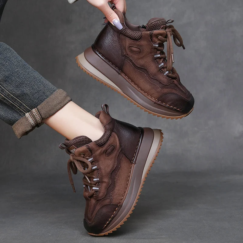 DRKANOL Women Mixed Colors Genuine Leather Casual Sneakers Lace-Up Retro High Top Platform Shoes Ladies Thick Sole Ankle Boots