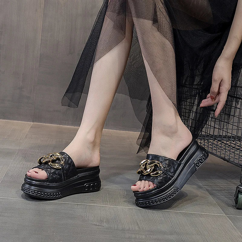 Fujin 7cm Genuine Leather Women Summer Shoes Outside Slippers Beach Shoes Platform Wedges Slides Sandals Beach Shoes