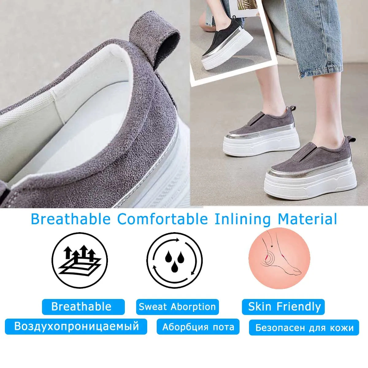 Fujin 8.5cm Synthetic Leather Cloth Chunky Heels Mary Jane Platform Wedge Flats Platform Autumn Breathable Pumps Spring Shoes