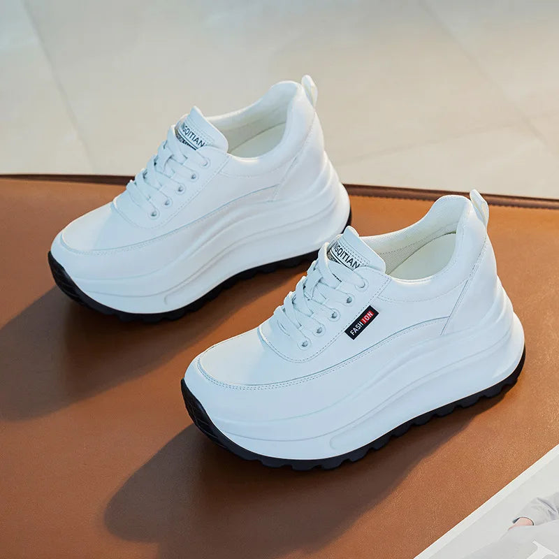 Fujin 8cm Heel Sneakers Genuine Leather White Platform Sneakers for Women Chunky Platform Women Fashion Sneaker Shoes Wedge Heel