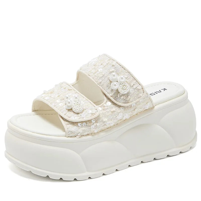 AUTUSPIN 7cm Women Sandals Summer Fashion Wedges Platofrms Shoes Leisure Slides Female Beads Decoration Slippers Size 34-39