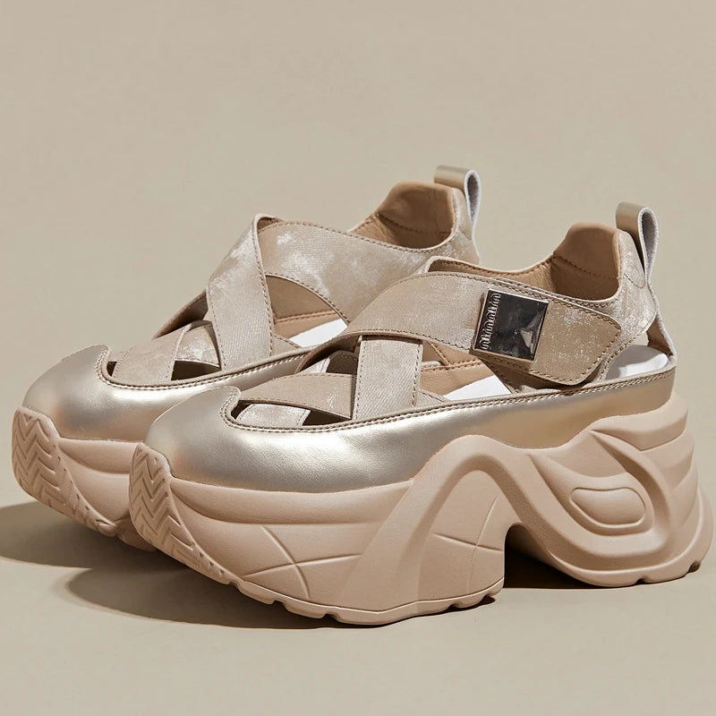 Autuspin 8cm Women Chunky Platform Sandals Summer Hollow New Synthetic Leather Ladies Shoes Wedges Platforms Female High Heels