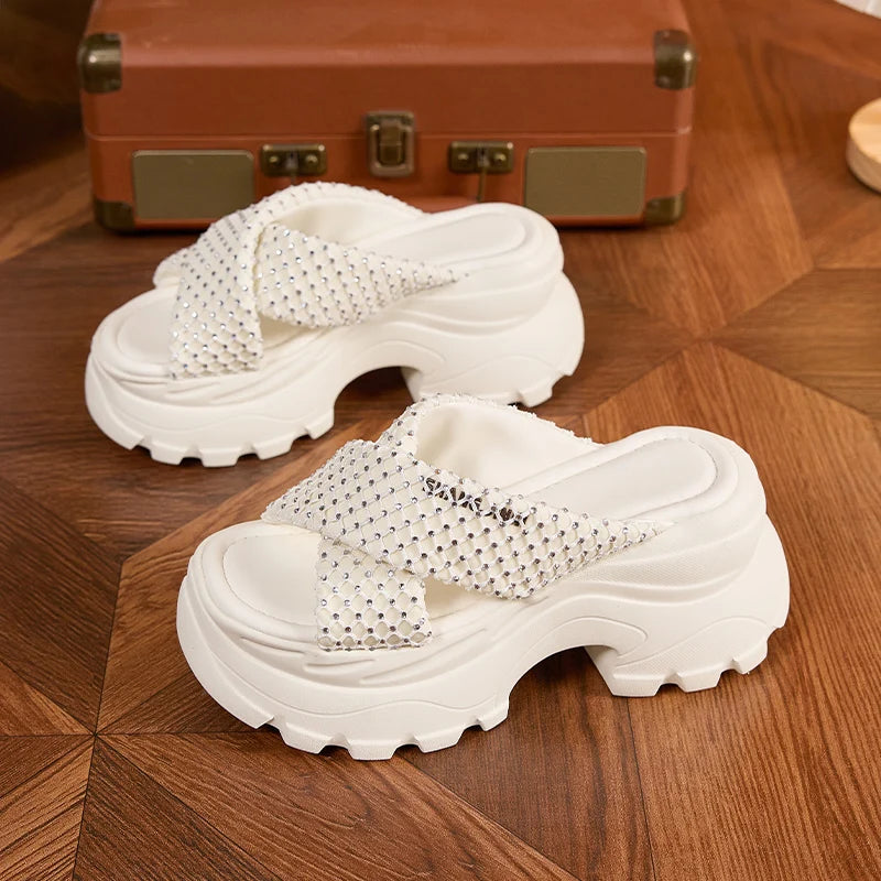 AUTUSPIN 7.5cm Fashion Slippers for Women Summer Rhinstones Shiny Slides Shoes Female Wedge Platform High Heels Thick Soled Shoe