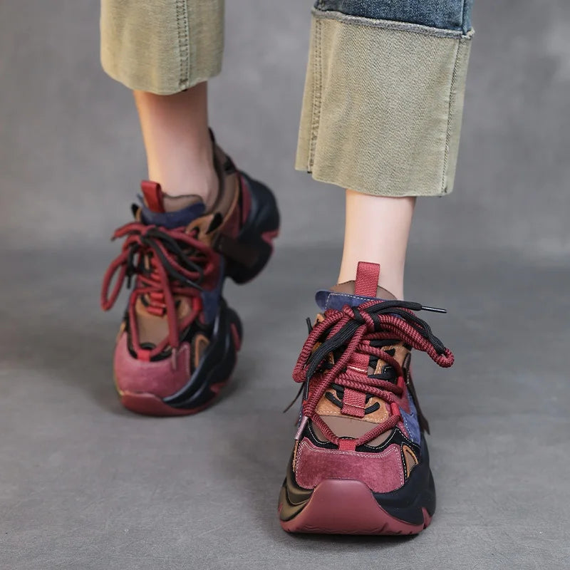 DRKANOL 2025 Women Mixed Colors Cow Suede Shoes Handmade Retro Lace-Up Round Toe Platform Thick Sole Height Increasing Dad Shoes