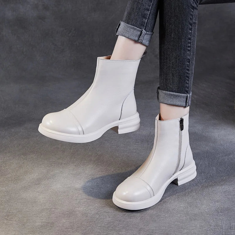 DRKANOL Women Genuine Leather Boots 2025 Autumn Winter Warm Thick Heel Side Zipper Comfort Casual Ankle Chelsea Boots Beige