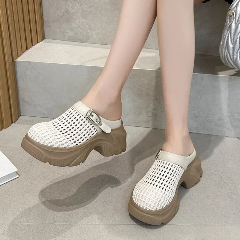 Fujin 7.5cm Microfiber Leather Platform Wedge High Brand Breathable Women Sandals Flats Round Toe Slipper Hollow Slip on Shoes