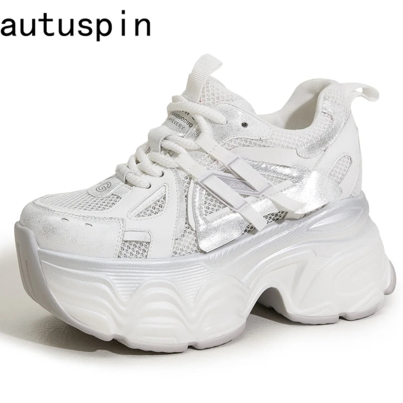 AUTUSPIN 9.5cm Grey Thick Bottom Shoes Women Summer Air Mesh Sneakers Leisure Footwear Female Street Tide High Platform Shoes