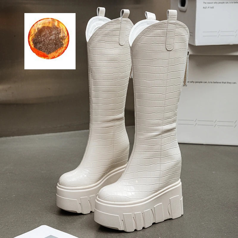 AUTUSPIN 13cm Increase Height Women Boots Fashion Sexy Black Long Boot Shoes Winter Warm Plush Super High Heels Platform Boots