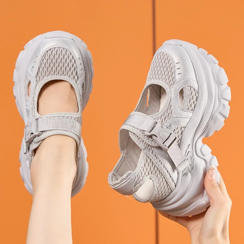 Fujin 9cm Air Mesh Microfiber Leather High Brand Comfy Platform Wedge Fashion Summer Chunky Sneaker Buckle Mary Jane Shoes Women