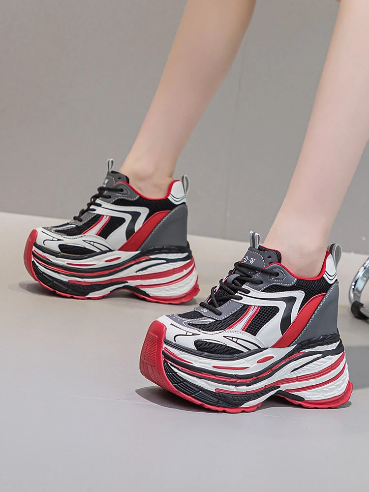 AUTUSPIN 13cm High Brand Platform Women Shoes Winter Autumn Genuine Cow Leather Chunky Leisure Sneakers Wide Toe Sport Shoes