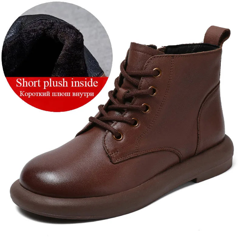DRKANOL Autumn Winter Warm Flat Heel Ankle Boots For Women Handmade Retro Round Toe Genuine Leather Comfort Casual Short Boots