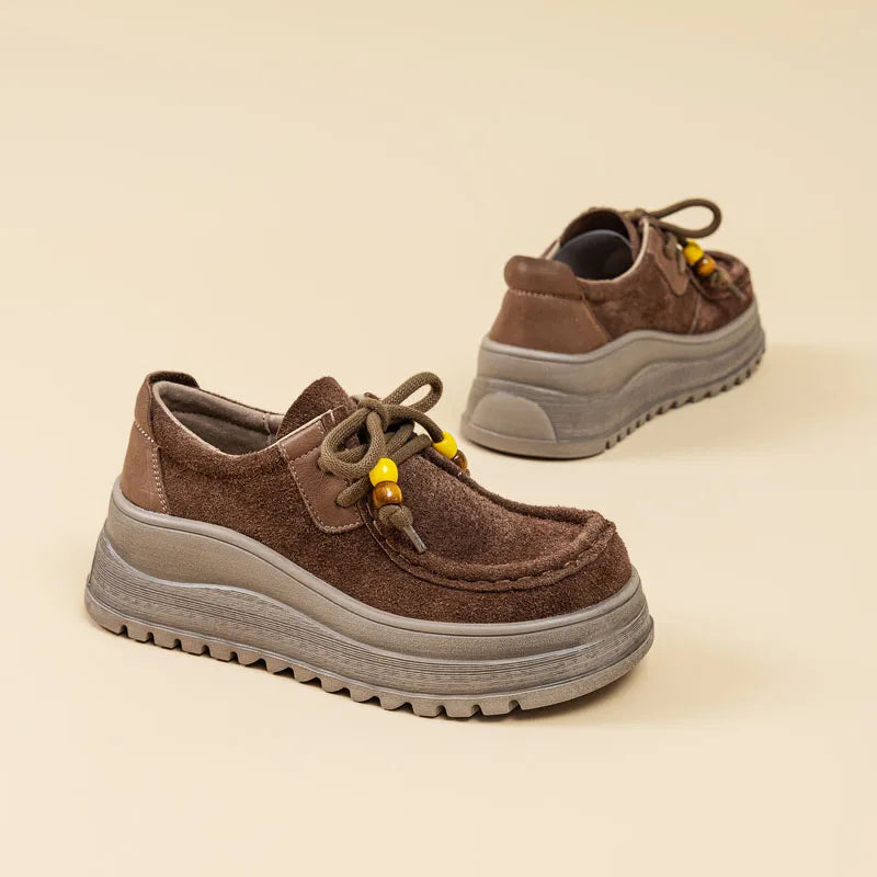 DRKANOL Handmade Retro Cow Suede Leather Chunky Platform Shoes For Women Big Toe Wedges Heel Height Increasing String Bead Shoes