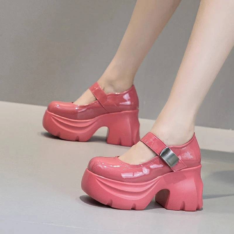 AUTUSPIN 9cm Fashion Wedges Pumps Women Rose Red High Heels Ladies Party Wedding Thick Bottom Leather Shoes Woman Mary Janes