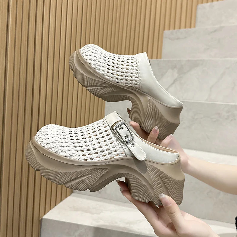 Fujin 7.5cm Microfiber Leather Platform Wedge High Brand Breathable Women Sandals Flats Round Toe Slipper Hollow Slip on Shoes