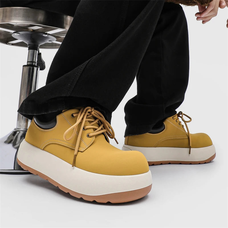 STRONGSHEN Chunky Sneaker Men Fashion Yellow Thick Soled Skate Shoes Luxury Brands Round Toe Platform Boots Lace Up Bread Shoes