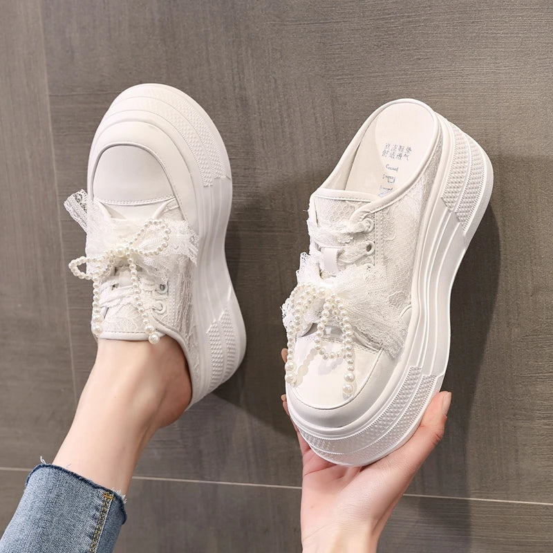 AUTUSPIN 8cm Women Slippers Lace Shoes 2025 Summer Spring Pearls Beads Decoration Slides Loafers High Wedges Platform Mules Heel