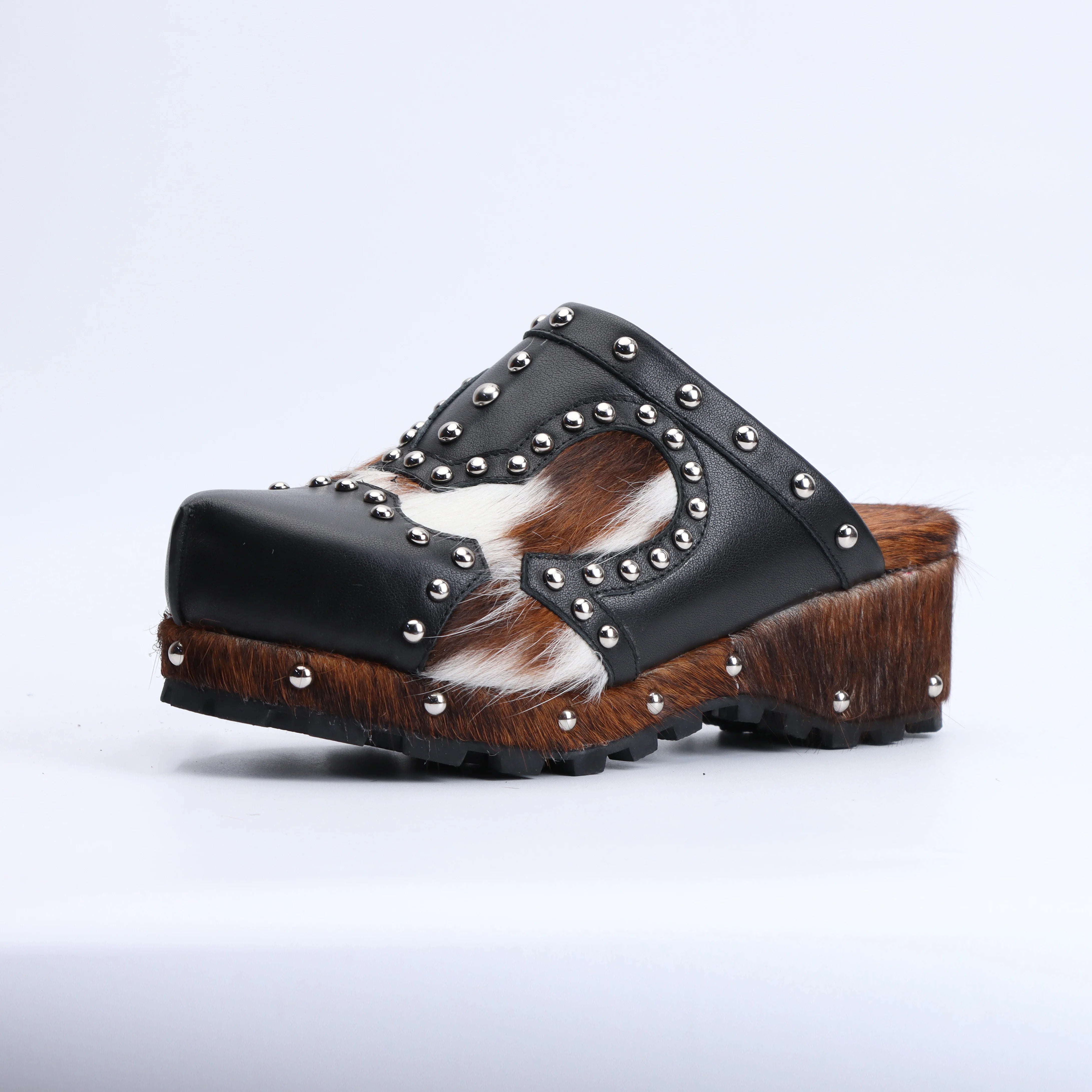 Luxury Designer Western Style Mule Sandals for Women, Handmade Cowhide Fur, Rubber Sole, Trendy 2025 Fashion Slides