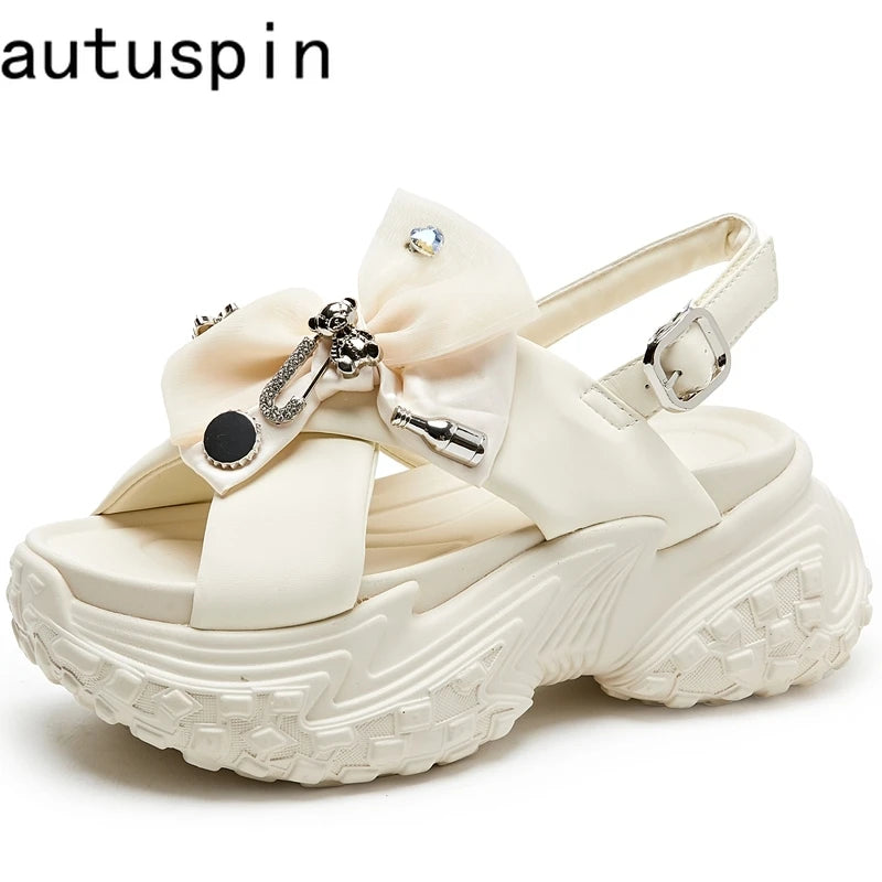 Autuspin Novelty Rome Sandals for Women New Metal Butterfly Knot Platform Ladies Wedges High Heels Sandal Genuine Leather Shoes