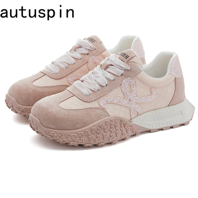 AUTUSPIN Women's Summer Shoes Fashion Genuine Leather Ladies Casual Sneakers Outdoor Non-slip Leisure Students Shoes Lace-up