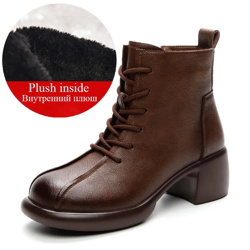 DRKANOL Women Thick Heel Ankle Boots Winter Plush Warm Casual Short Boots Ladies Real Cowhide Retro Style Zipper High Top Shoes