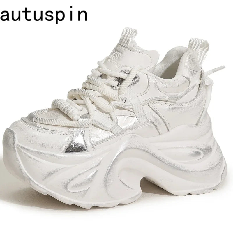 AUTUSPIN Winter Women High Heels Platforms Chunky Sneakers Leather Quality Sports Vulcanize Shoes Female Retro Lace-up Footwear