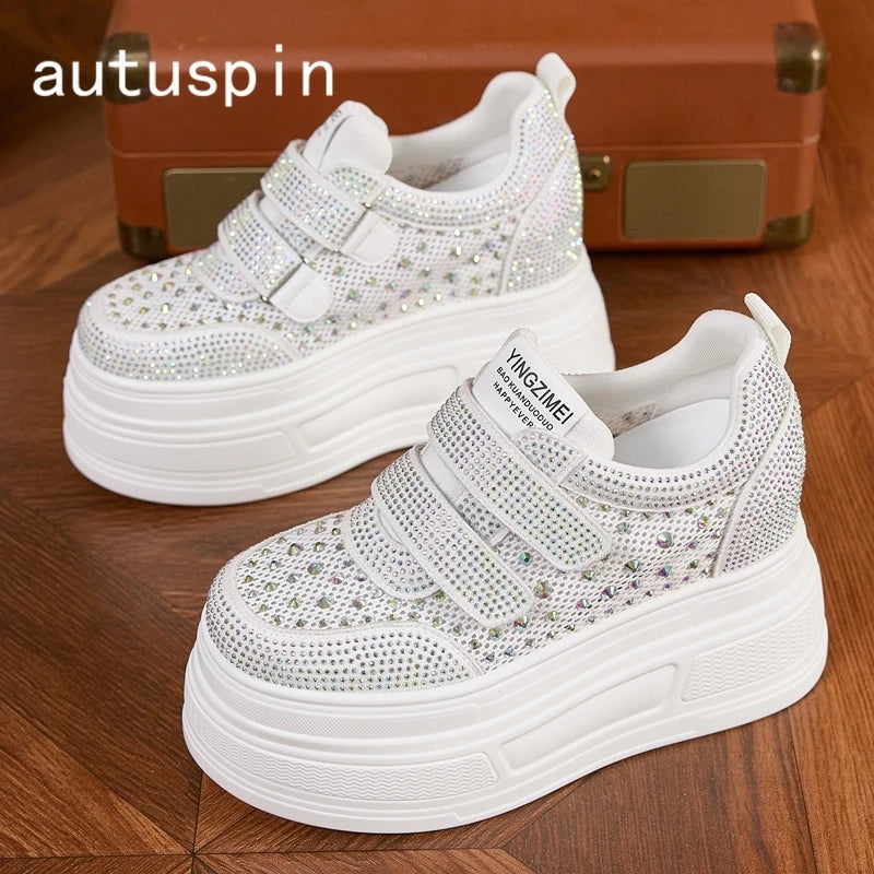 AUTUSPIN 9cm Wedge Women Skateboard Shoes Four Season White Crystal Chunky Sneakers Street Leisure Shoes Woman Street Tide