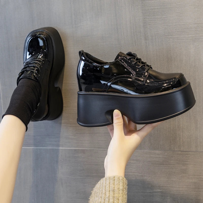 AUTUSPIN 7.5cm Chunky Heel Loafers Women Fashion Sleeky Leather Lace-up Broches Shoes Spring Summer Ladies Oxford Pumps Woman