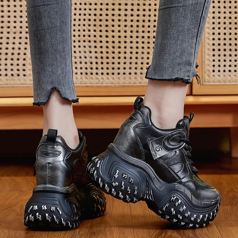 Fujin 12cm Microfiber Genuine Leather Chunky Sneakers Platform Wedge Spring Shoes Ankle Booties Women Vulcanize Fashion Autumn