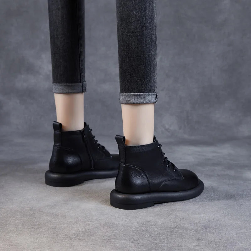 DRKANOL Autumn Winter Warm Flat Heel Ankle Boots For Women Handmade Retro Round Toe Genuine Leather Comfort Casual Short Boots