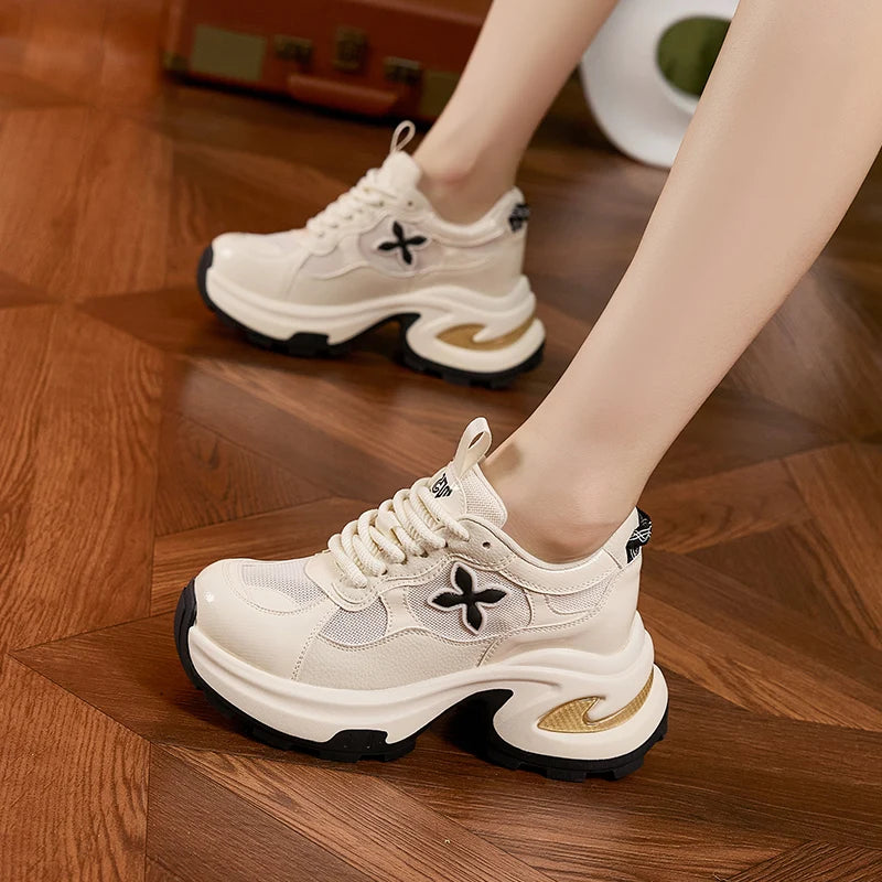AUTUSPIN 7cm Popular Thick Soled Shoes for Women Fashion Breathable Mesh Leisure White Shoes Platform Chunky Casual Sneakers