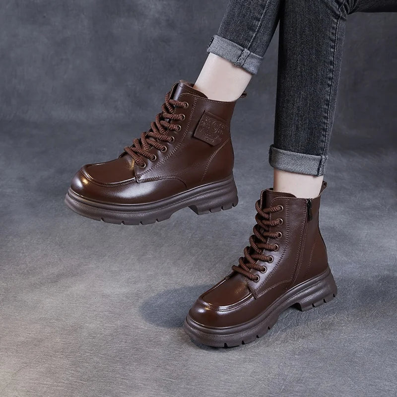 DRKANOL 2025 British Style Women Genuine Cow Leather Ankle Boots Autumn Winter Warm Thick Heel Platform Retro Casual Short Boots