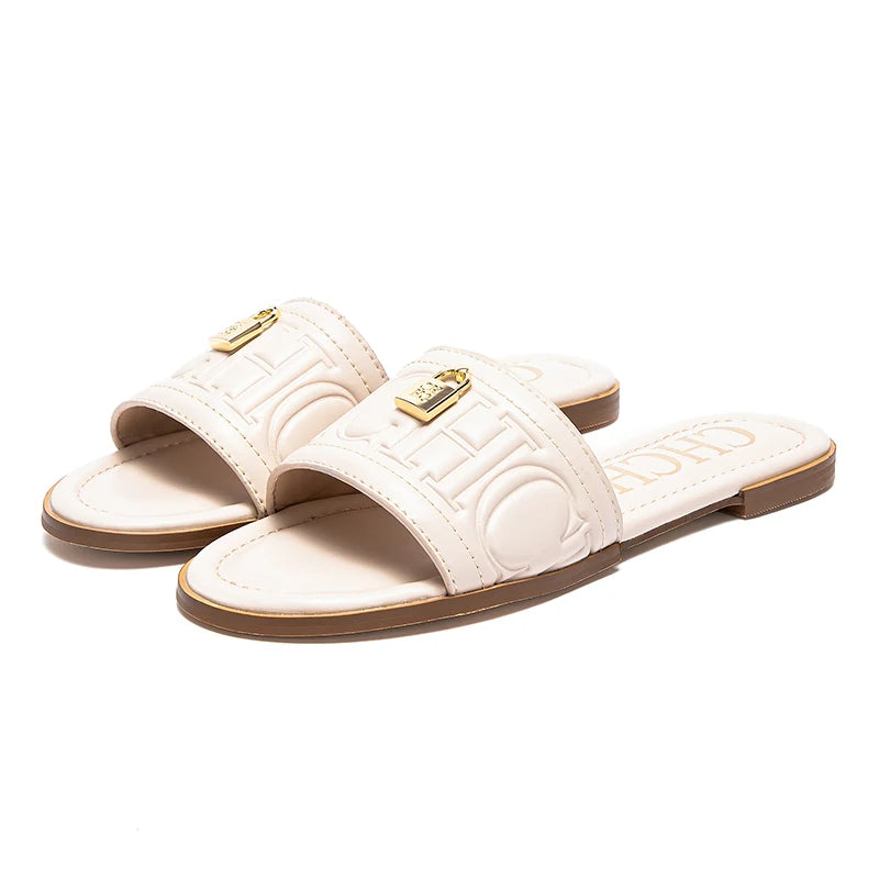 Slippers Car Stitching Luxury Brand Women's Shoes Black Flat Metal Buckle Home Outdoor Casual Slippers